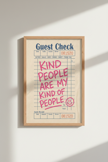 Retro Guest Check Print | Pink Kindness Quote Poster | Preppy Kitchen Wall Art