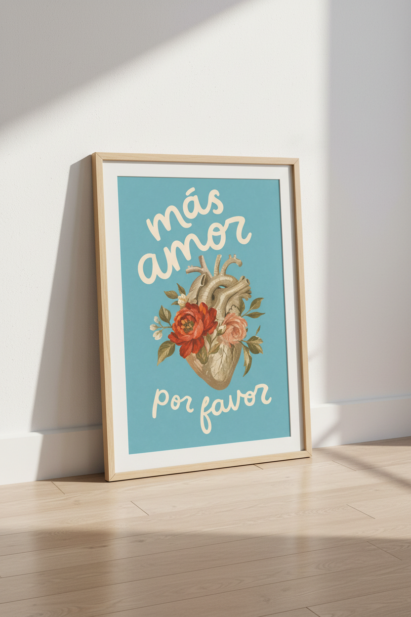 Mas Amor Por Favor Heart Art | Vintage Floral Poster, Spanish Quote Decor