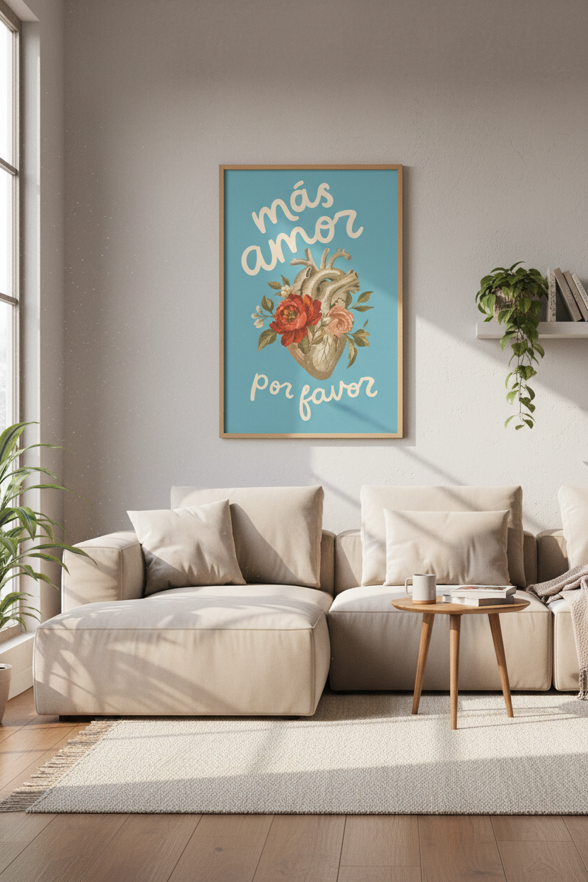 Mas Amor Por Favor Heart Art | Vintage Floral Poster, Spanish Quote Decor