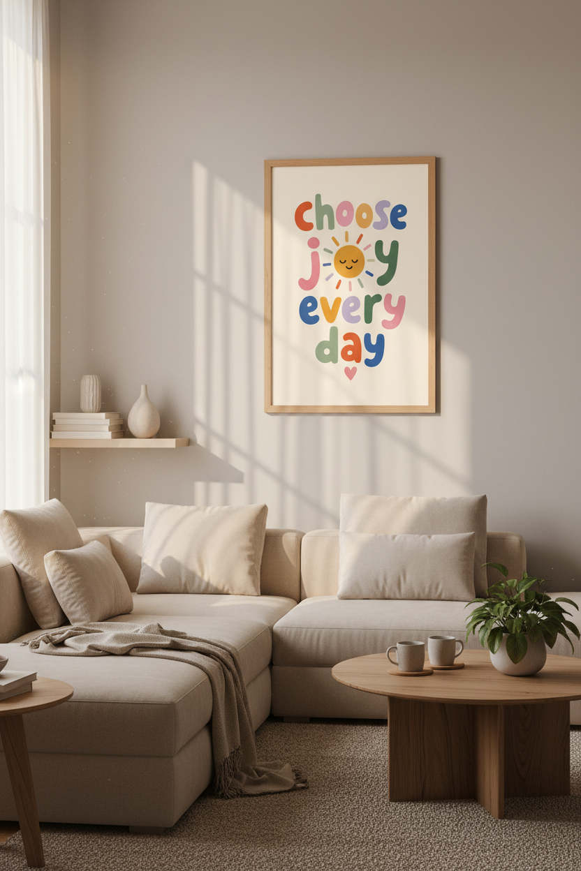 Colorful wall art | Playful typography, sunny hues | Living room decor