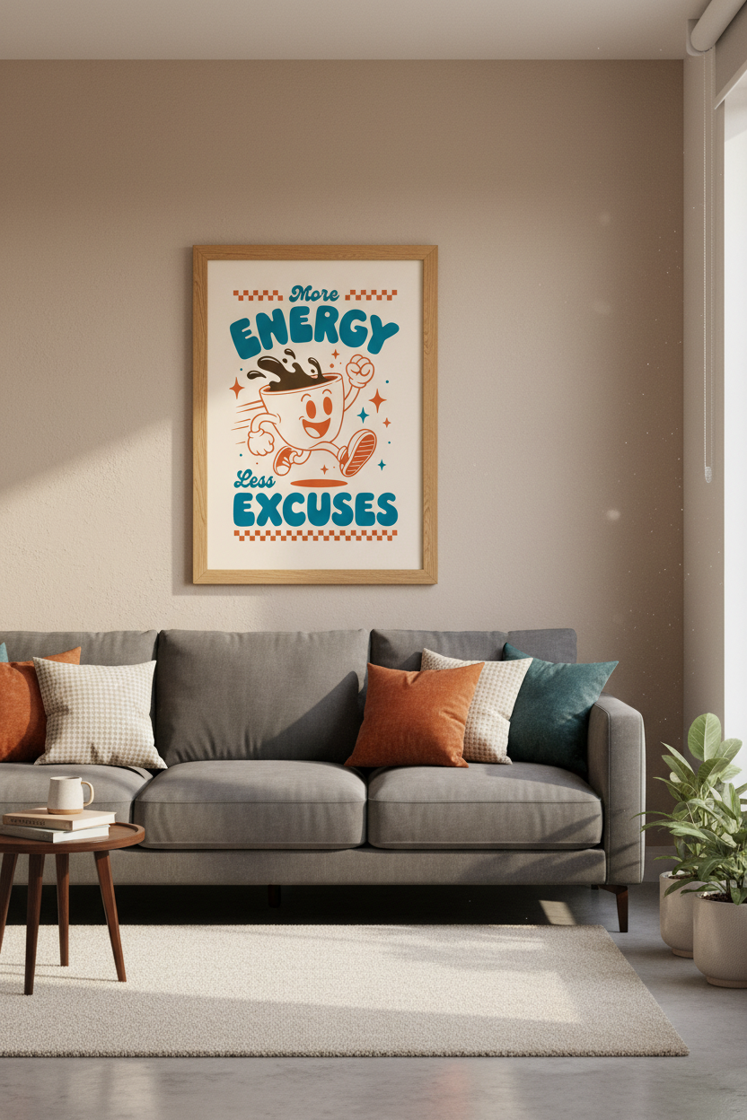 Retro Coffee Character Wall Art | More Energy Less Excuses Poster, Kitchen Decor