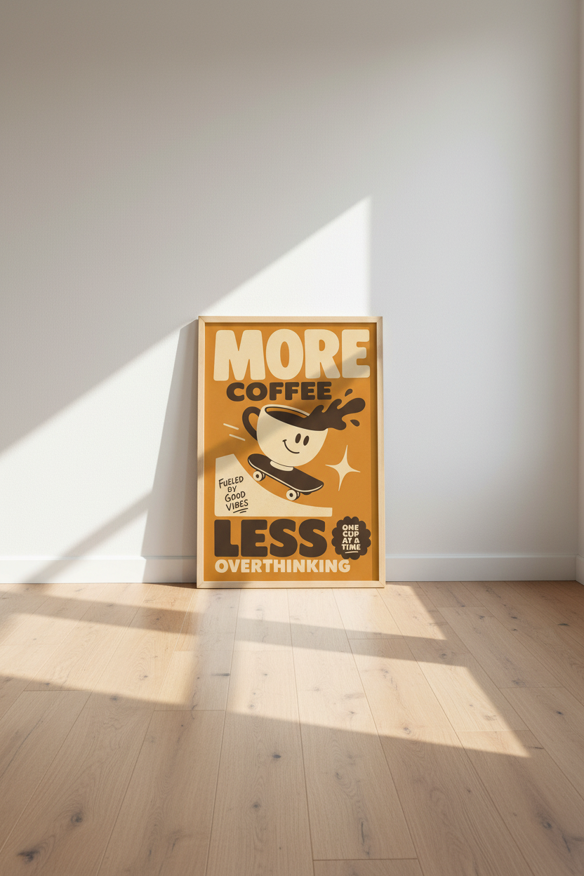More Coffee Less Overthinking Wall Art | Retro Kitchen Decor | Groovy Skater Poster