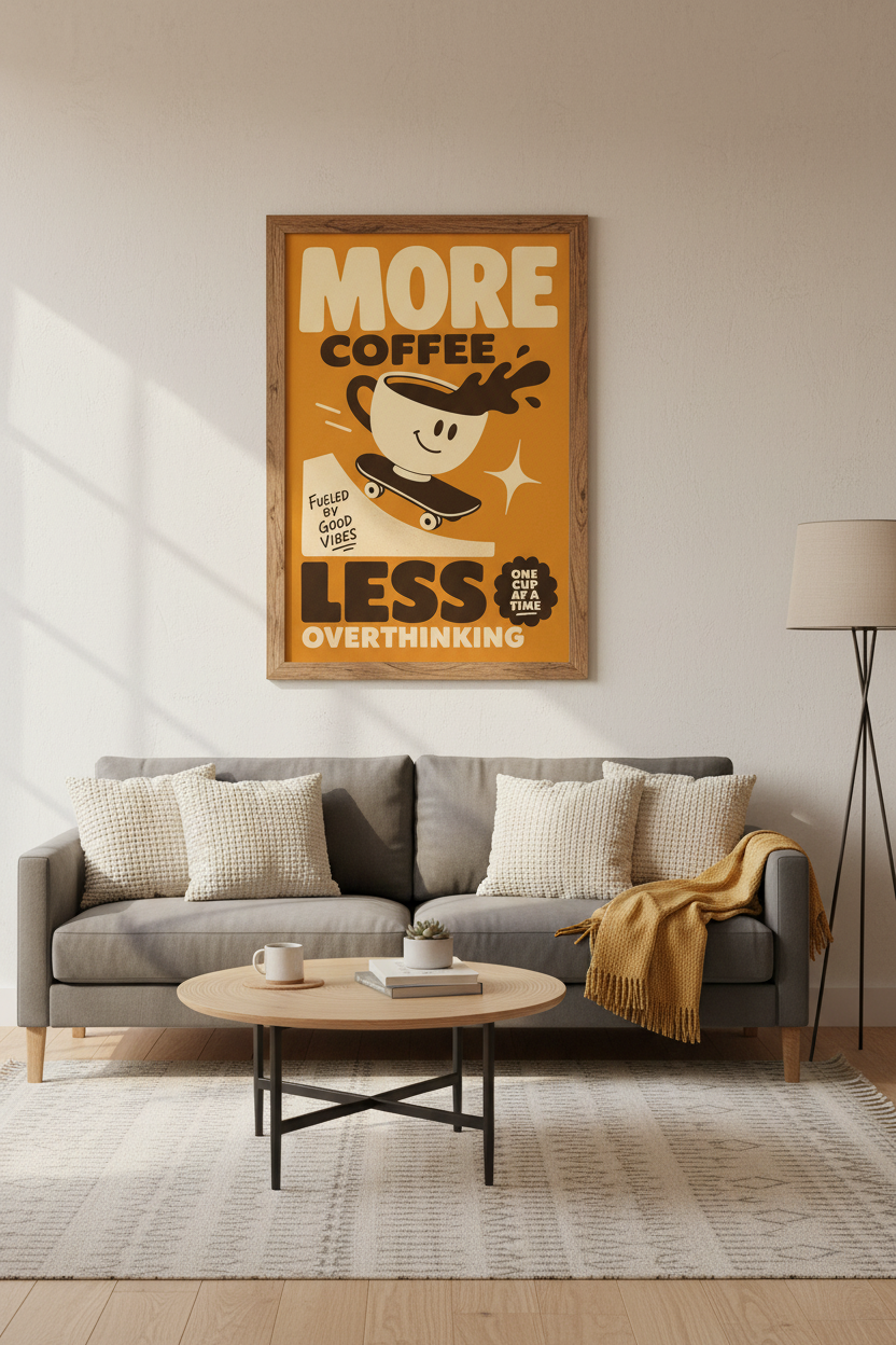 More Coffee Less Overthinking Wall Art | Retro Kitchen Decor | Groovy Skater Poster