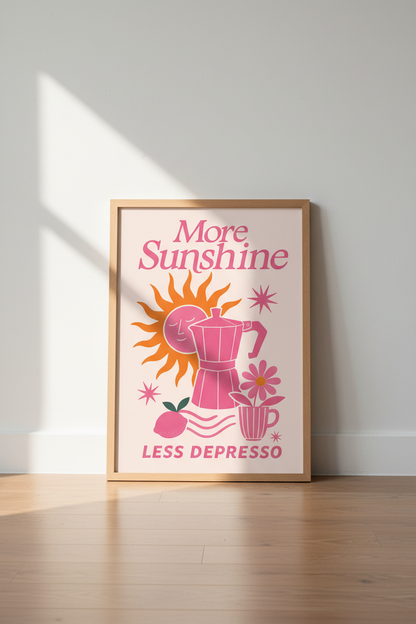 Retro Coffee Sunshine Wall Art | Pink Kitchen Decor | Dopamine Aesthetic Poster