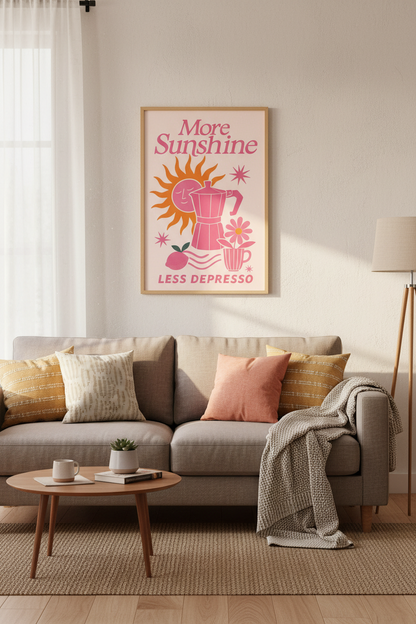 Retro Coffee Sunshine Wall Art | Pink Kitchen Decor | Dopamine Aesthetic Poster