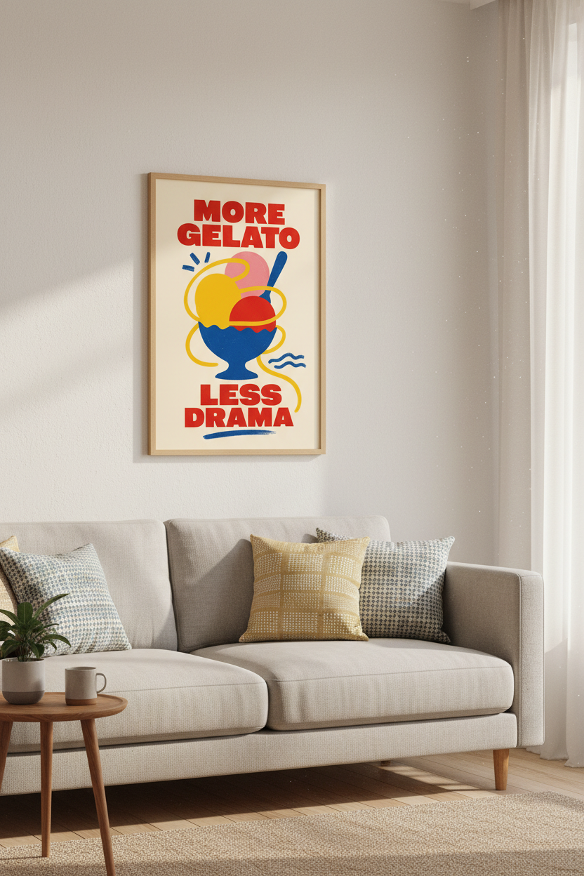 More Gelato Less Drama Wall Art | Kitchen Decor | Retro Foodie Poster