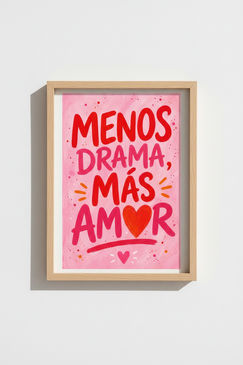 Spanish Quote Wall Art Print | Menos Drama Mas Amor | Colorful Pink Poster