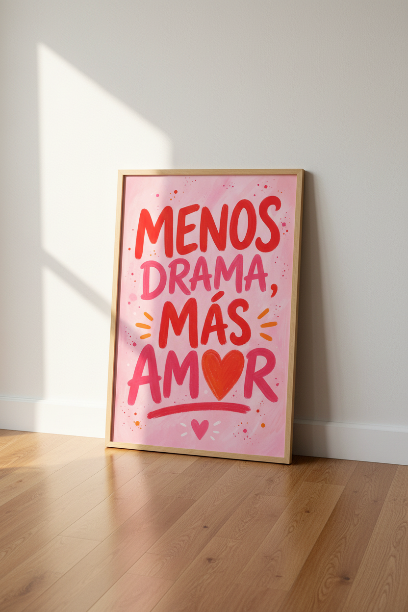 Spanish Quote Wall Art Print | Menos Drama Mas Amor | Colorful Pink Poster