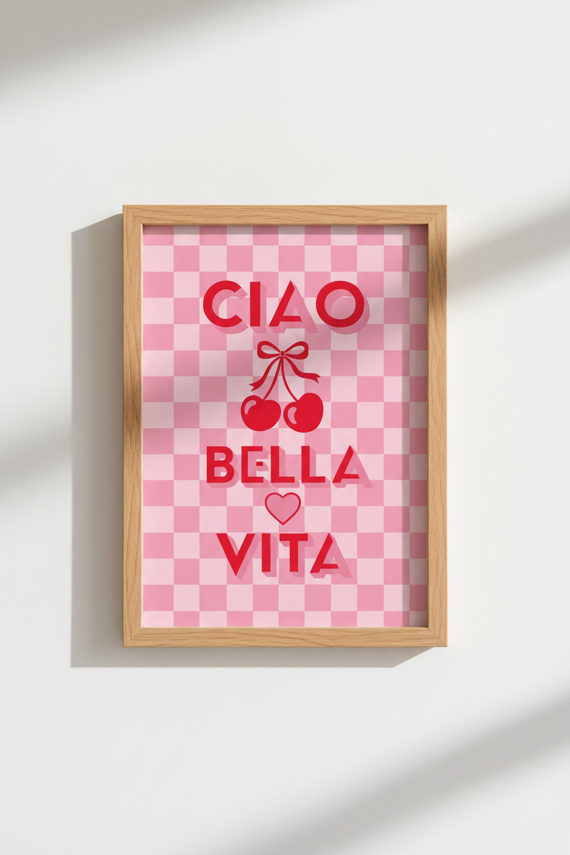 Pink Wall Art Print | Ciao Bella Vita Cherry Poster, Italian Preppy Kitchen Decor