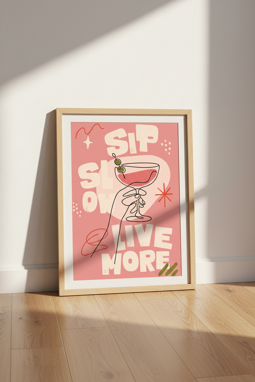 Retro Martini Cocktail Wall Art Print | Pink Bar Decor | Sip Slow Poster