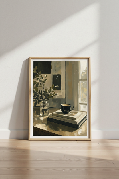 Morning Coffee &amp; Books Still Life | Moody Neutral Impressionist Art, Home Office Decor