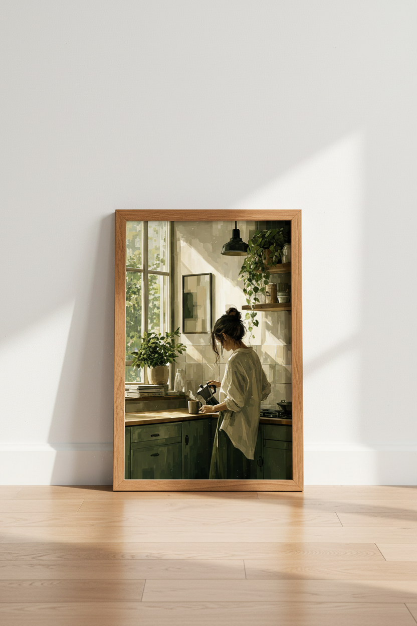 Woman Making Coffee Art Print | Sage Green Kitchen Decor | Cozy Minimalist Poster