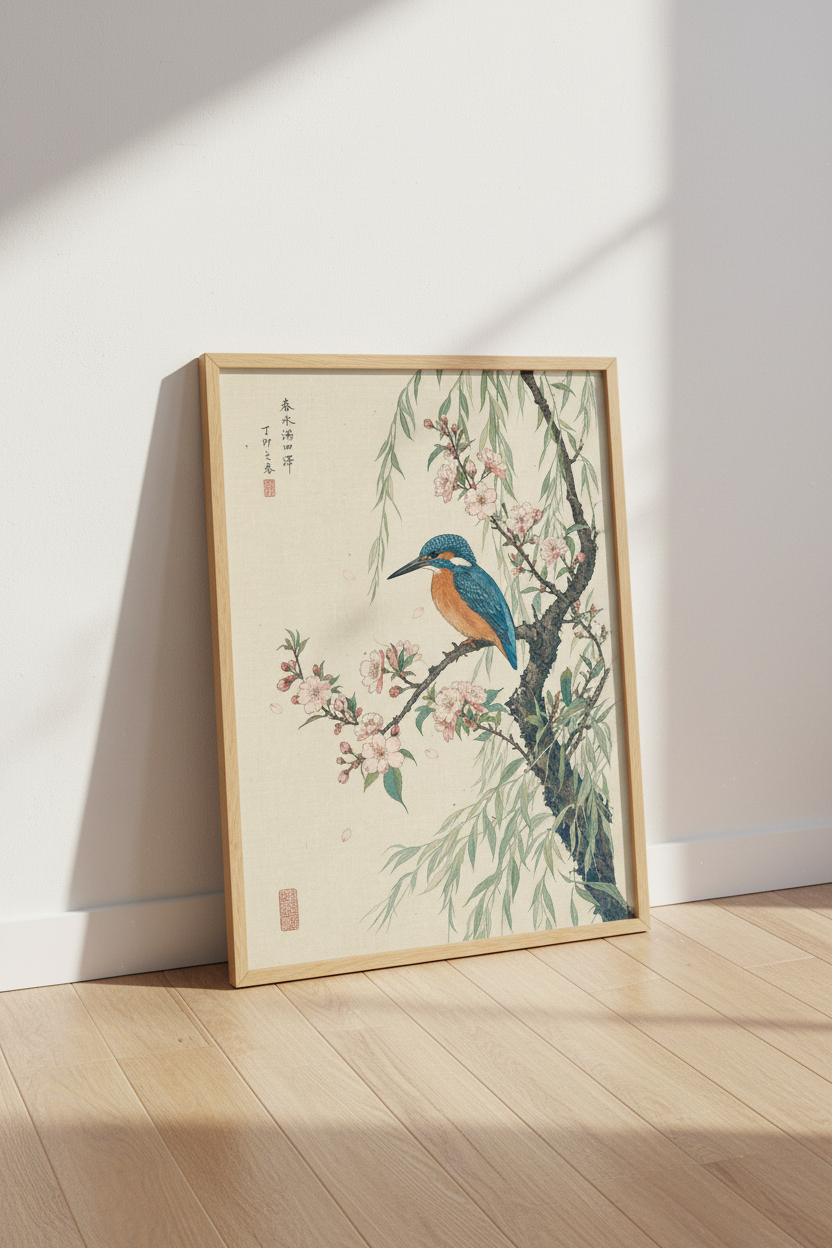 Japanese Kingfisher Art Print | Cherry Blossom Wall Decor | Vintage Asian Poster