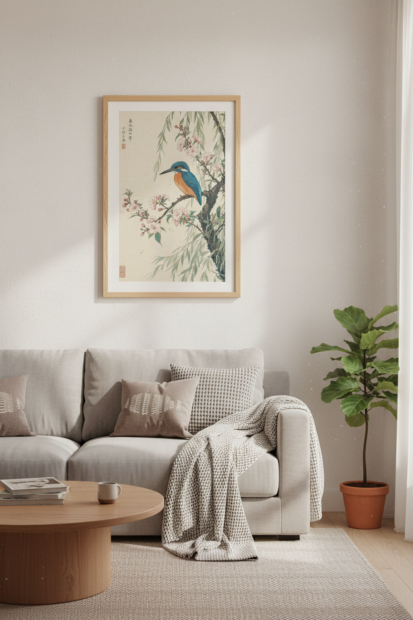 Japanese Kingfisher Art Print | Cherry Blossom Wall Decor | Vintage Asian Poster