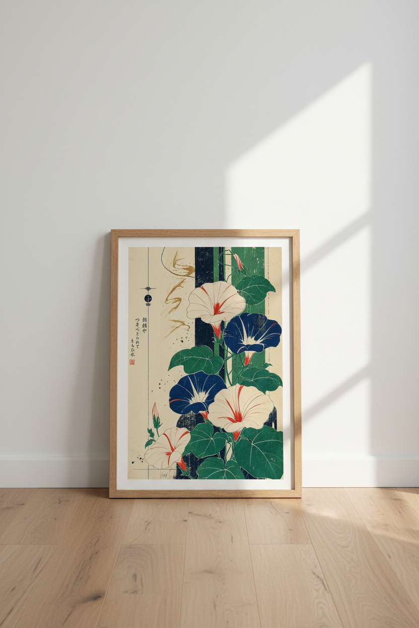 Japanese Morning Glory Print | Vintage Botanical Woodblock Art, Living Room Wall Decor
