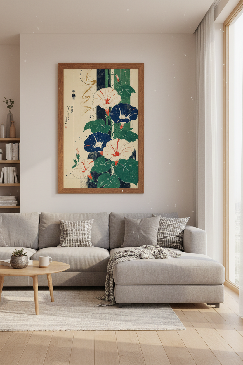 Japanese Morning Glory Print | Vintage Botanical Woodblock Art, Living Room Wall Decor