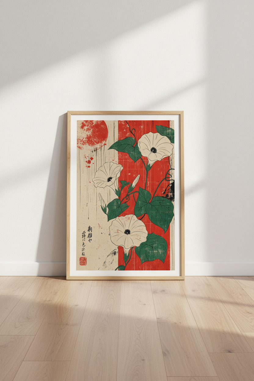 Japanese Morning Glory Art | Red &amp; Cream Floral, Japandi Living Room Decor
