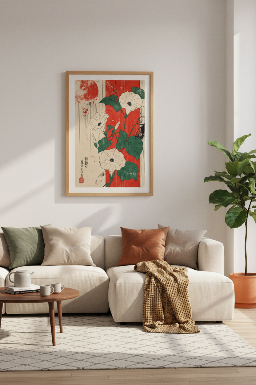 Japanese Morning Glory Art | Red &amp; Cream Floral, Japandi Living Room Decor