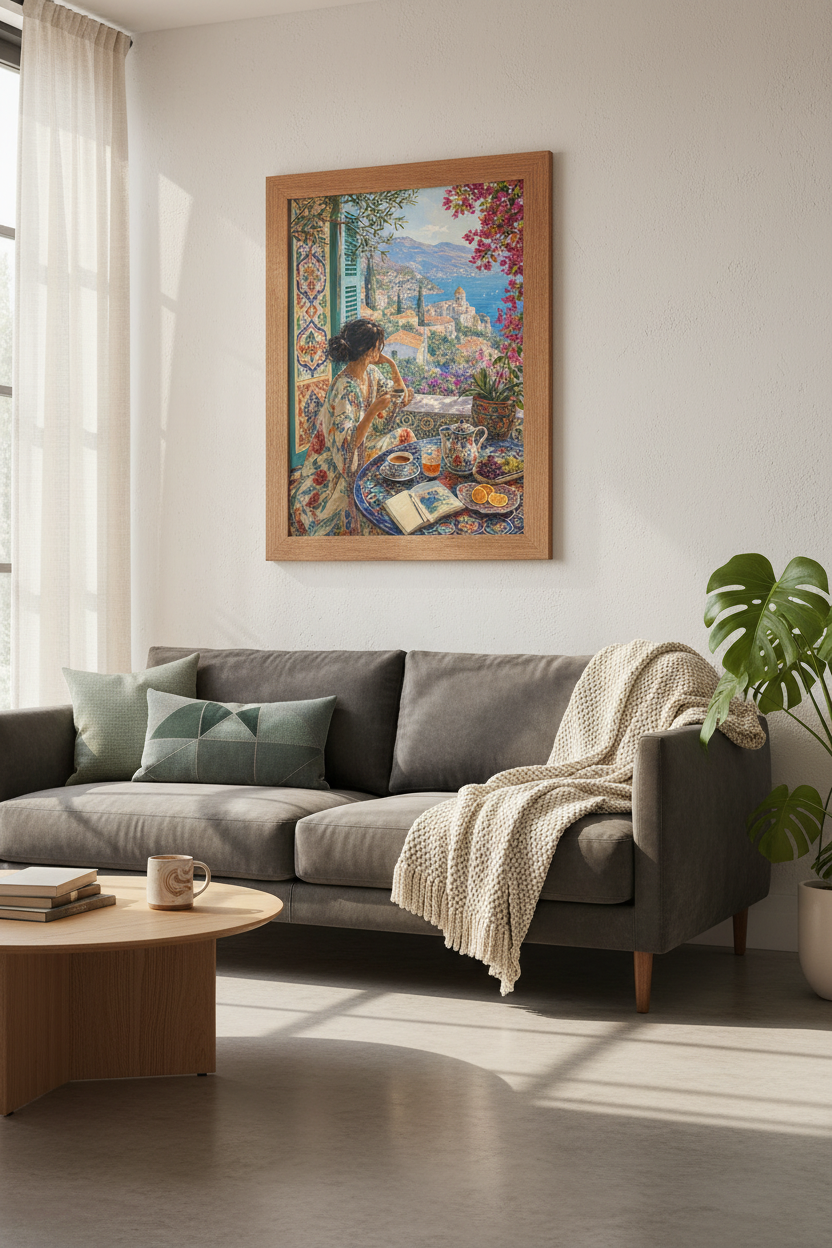 Mediterranean Coastal Balcony Print | Italian Impressionist Art, Bright Living Room Decor