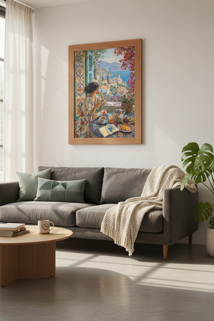 Mediterranean Coastal Balcony Print | Italian Impressionist Art, Bright Living Room Decor