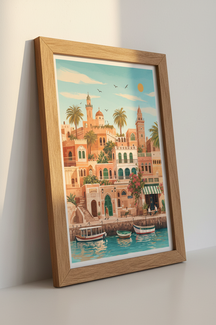 Middle East Coastal City | Warm Terracotta Architecture, Mediterranean Travel Poster