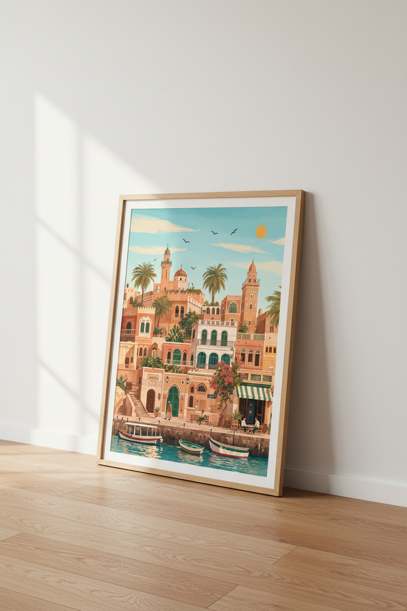 Middle East Coastal City | Warm Terracotta Architecture, Mediterranean Travel Poster