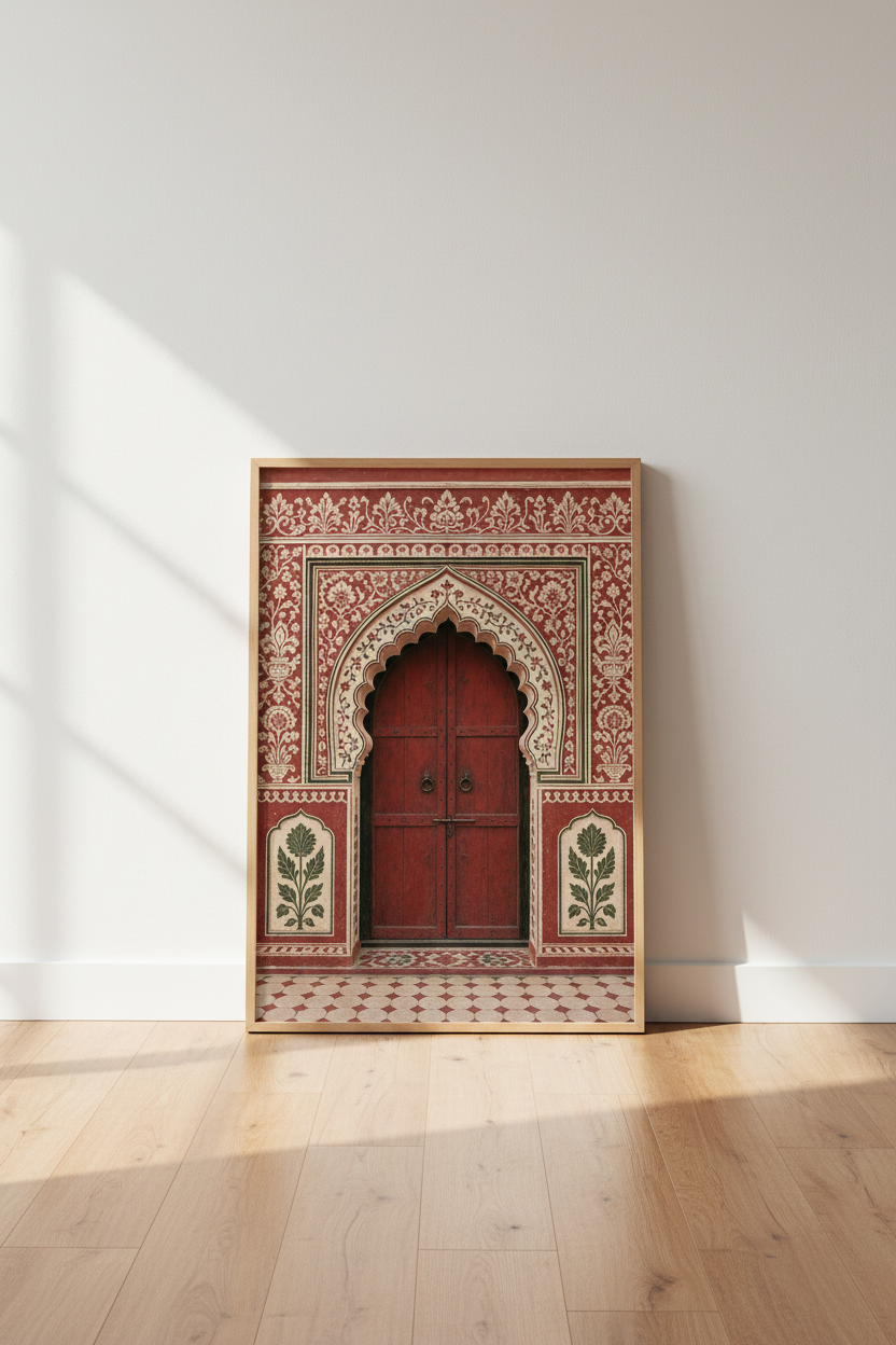 Indian Door Architecture Print | Red Terracotta Floral Wall Art, Living Room Decor