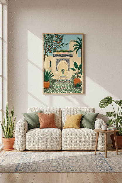 Moroccan Courtyard Wall Art | Mediterranean Garden Print | Boho Architecture Poster