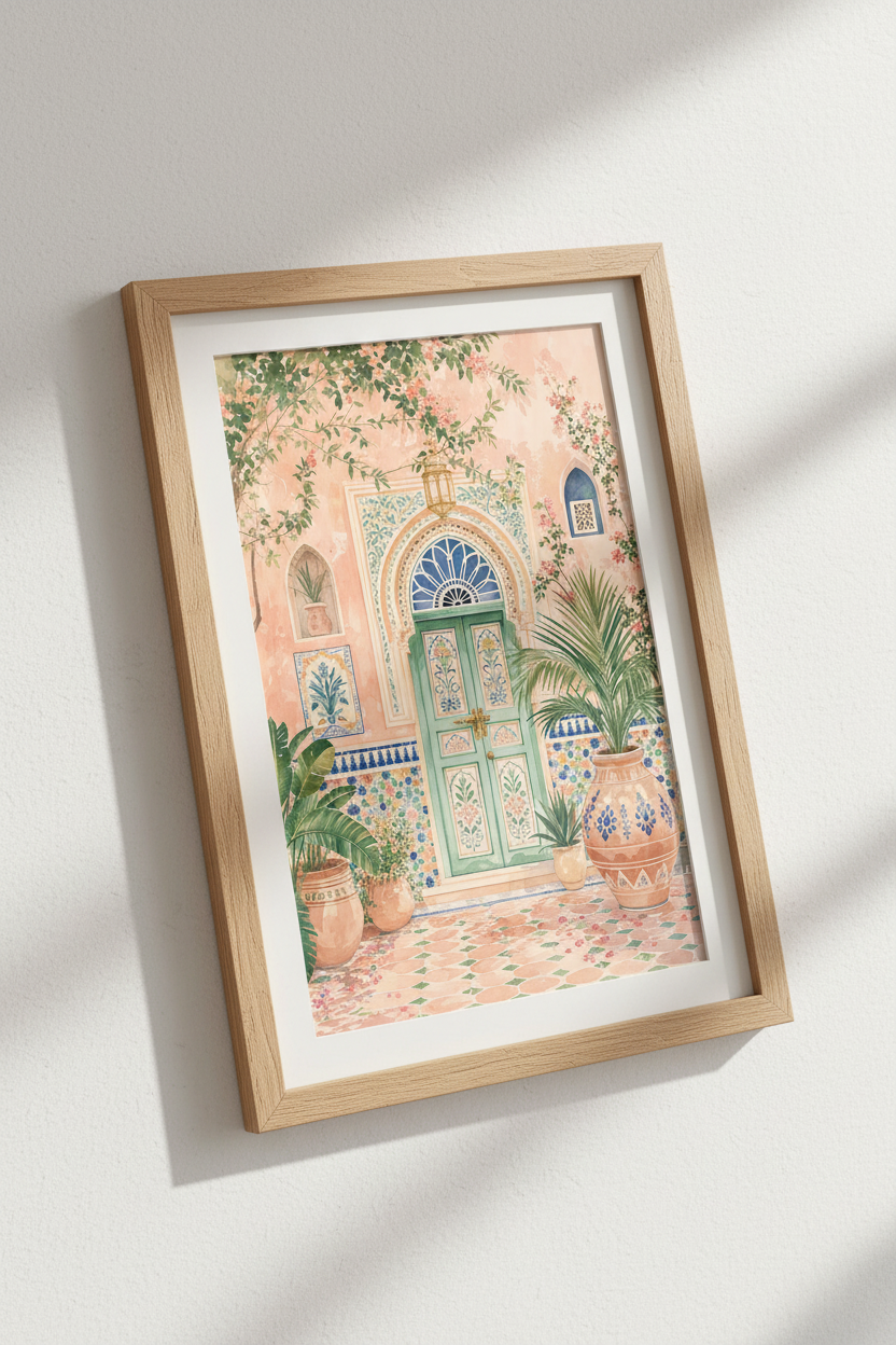 Moroccan Door Art | Mediterranean Teal &amp; Terracotta Watercolor, Boho Living Room Decor