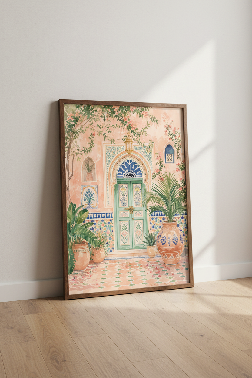 Moroccan Door Art | Mediterranean Teal &amp; Terracotta Watercolor, Boho Living Room Decor