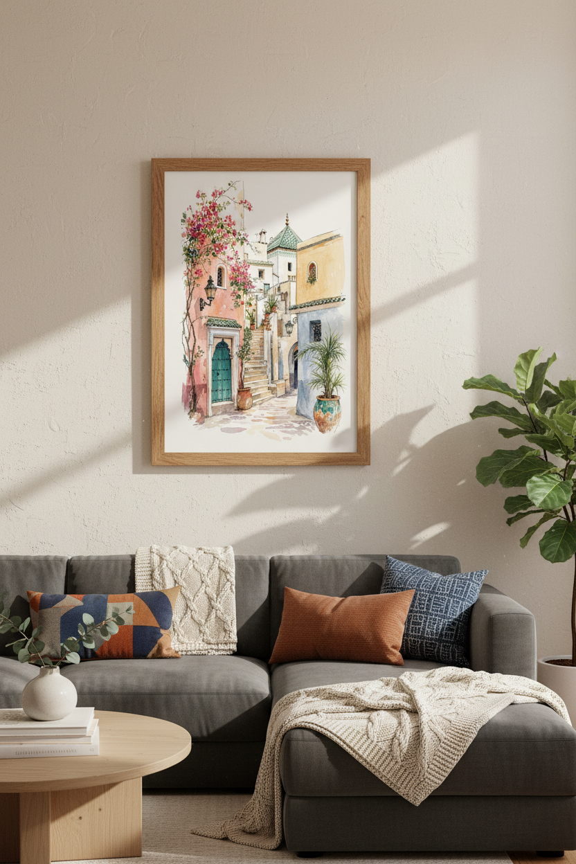 Moroccan Street Watercolor Art | Mediterranean Architecture Poster, Boho Living Room Decor