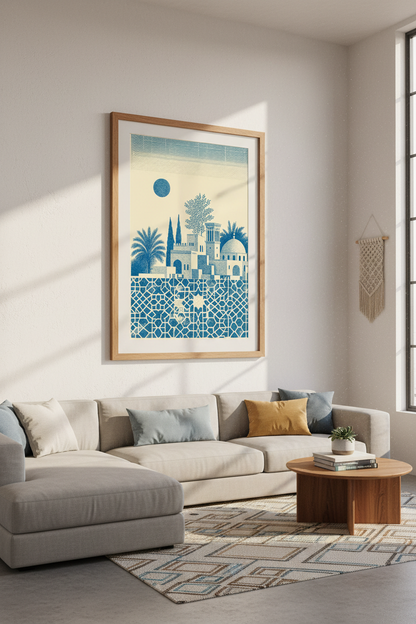 Middle East Cityscape Wall Art | Blue Mediterranean Decor, Boho Architecture Poster