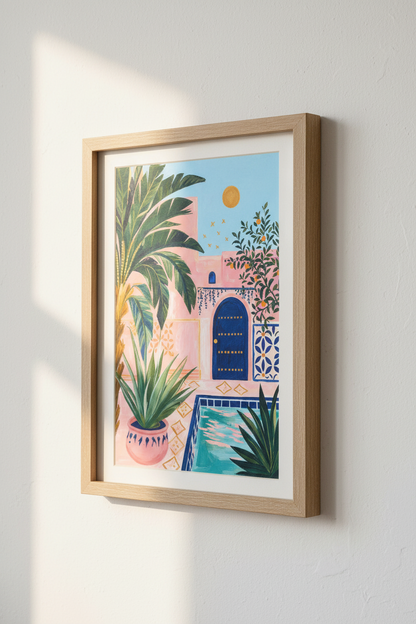 Moroccan Courtyard Wall Art | Pink House &amp; Pool Poster, Mediterranean Decor