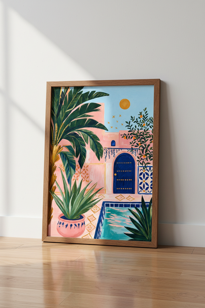 Moroccan Courtyard Wall Art | Pink House &amp; Pool Poster, Mediterranean Decor