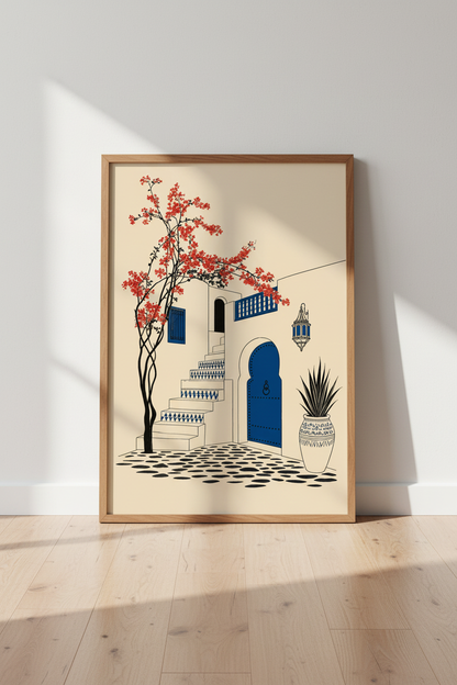 Mediterranean Courtyard | Blue Door &amp; Red Flowers, Moroccan Interior Wall Art
