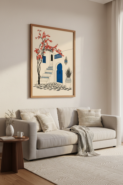 Mediterranean Courtyard | Blue Door &amp; Red Flowers, Moroccan Interior Wall Art