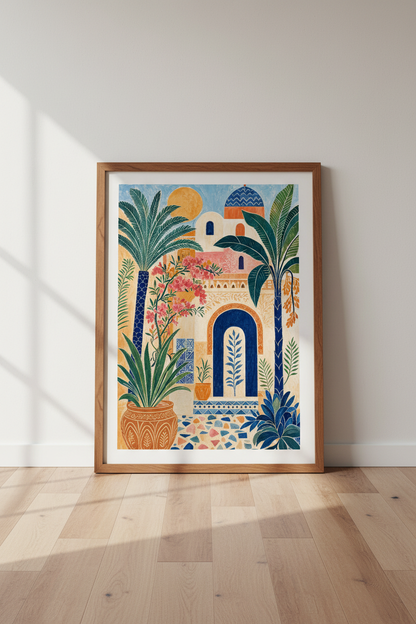 Moroccan Courtyard Art | Mediterranean Boho Blue &amp; Gold Poster | Living Room Decor