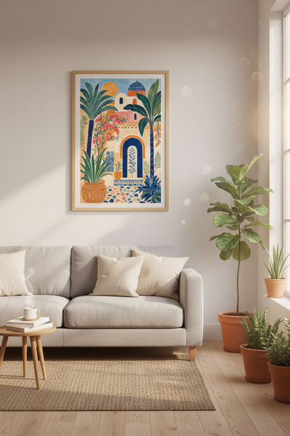 Moroccan Courtyard Art | Mediterranean Boho Blue &amp; Gold Poster | Living Room Decor