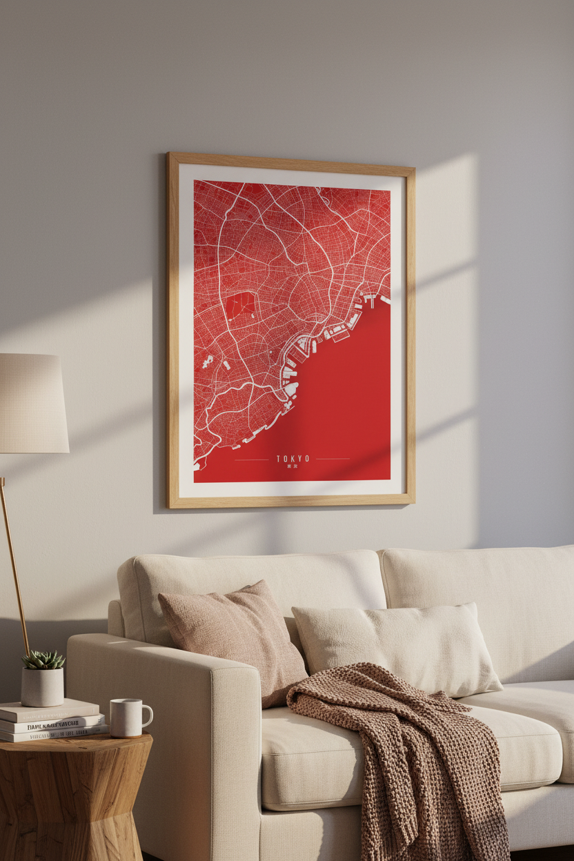 Tokyo City Map Wall Art | Red Minimalist Japan Poster | Modern Office Decor