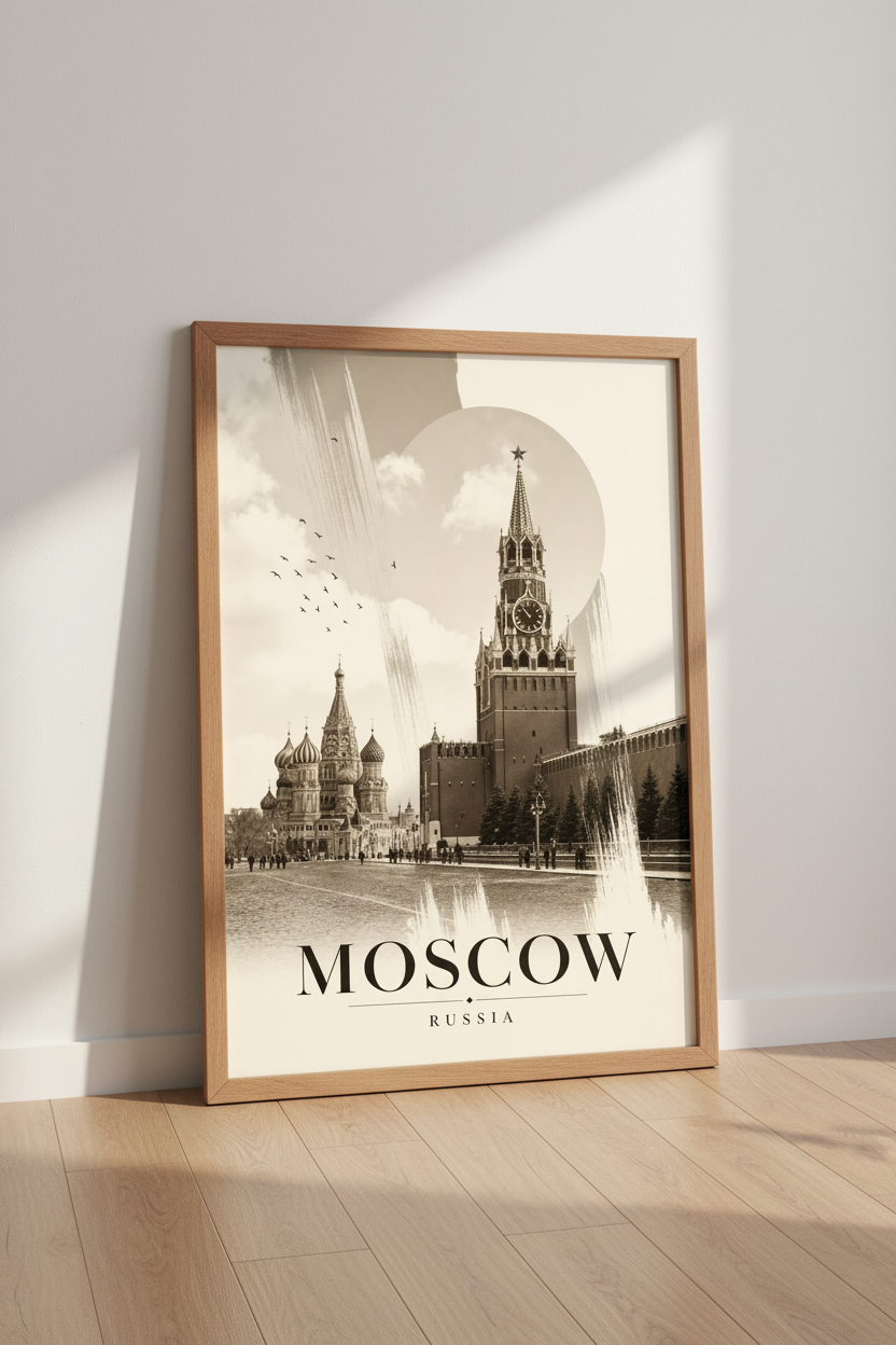 Moscow Russia Wall Art Print | Red Square Black and White Poster | Modern Travel Decor