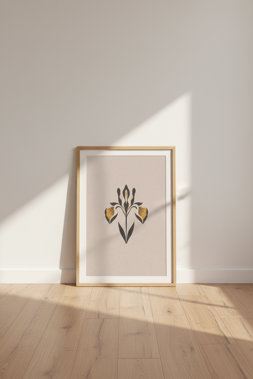 Minimalist Iris Flower Wall Art | Gold &amp; Black Floral, Living Room Decor Poster