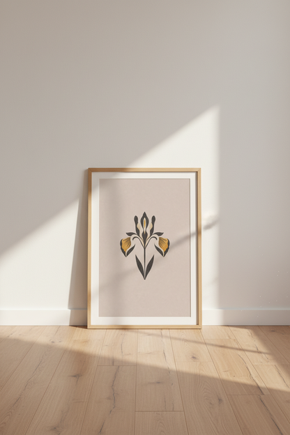 Minimalist Iris Flower Wall Art | Gold &amp; Black Floral, Living Room Decor Poster