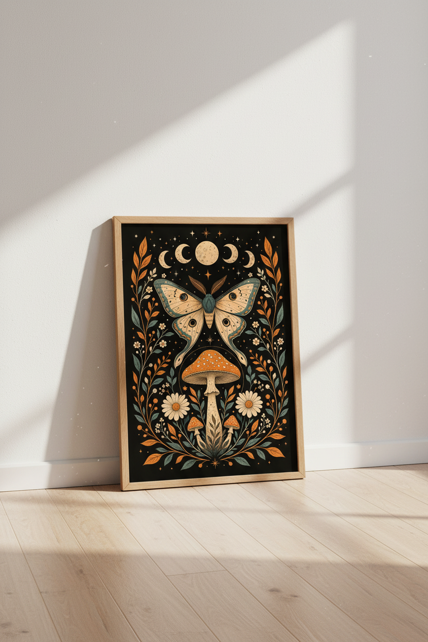 Moth Moon &amp; Mushroom Print | Vintage Cottagecore, Dark Academia Wall Art