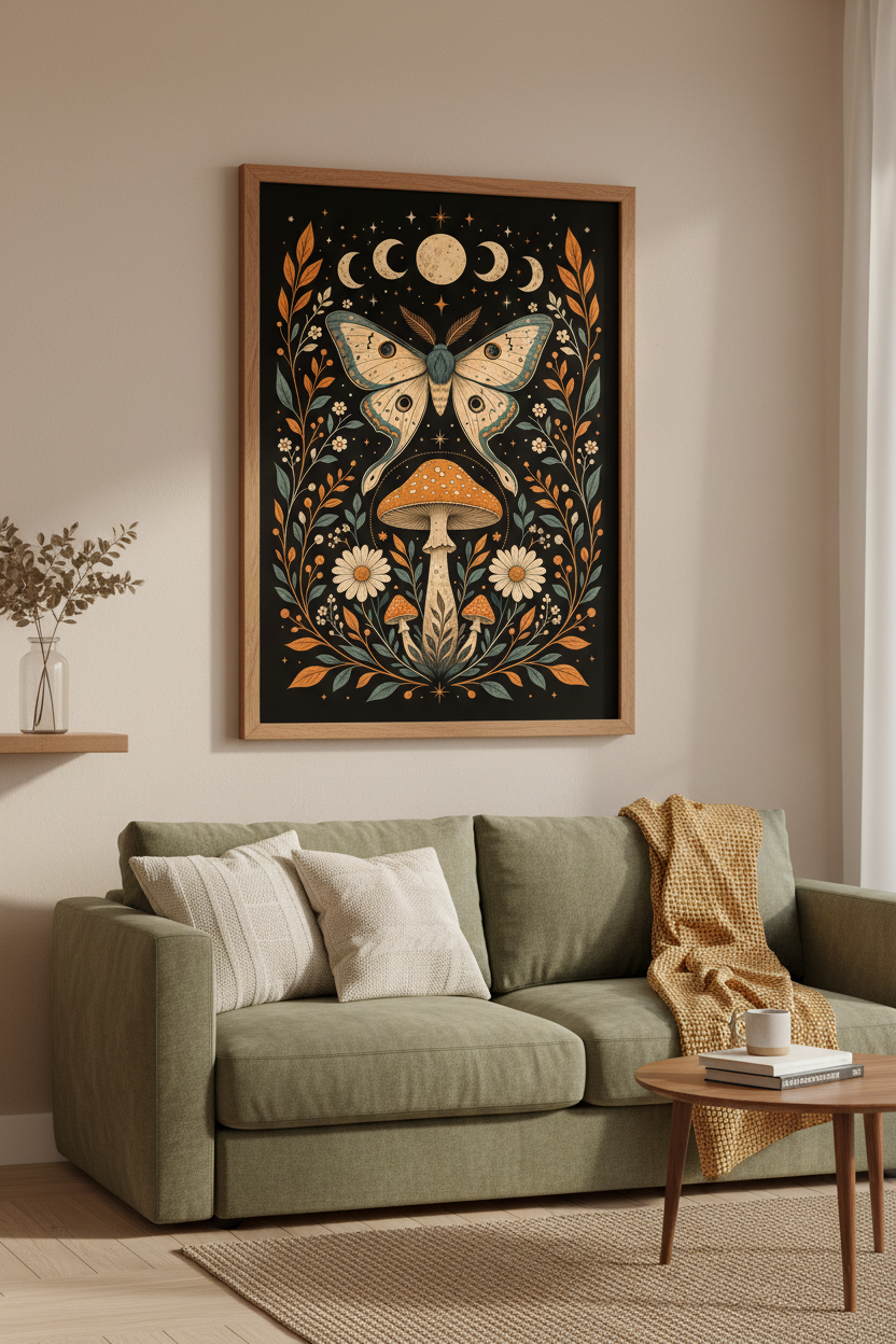 Moth Moon &amp; Mushroom Print | Vintage Cottagecore, Dark Academia Wall Art