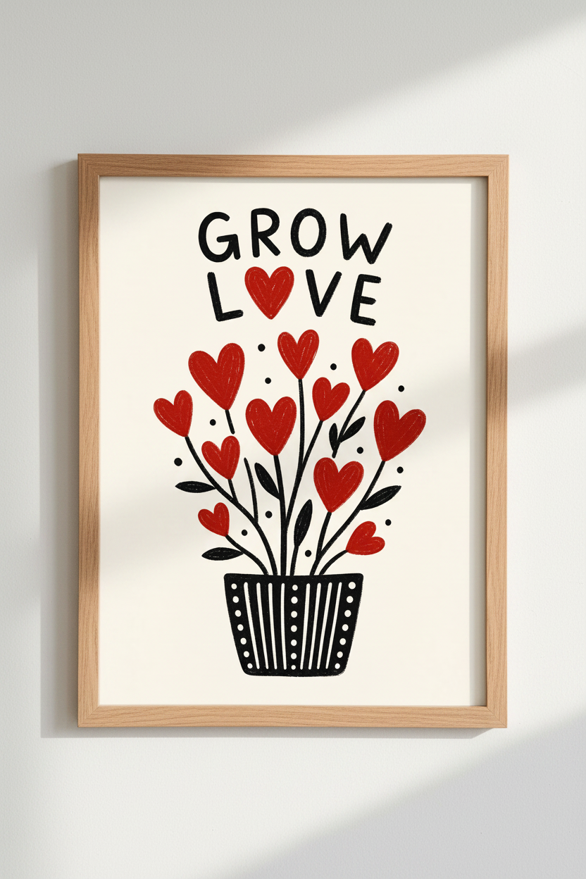 Whimsical Heart Wall Art Print | Living Room Decor | Red Accent Poster
