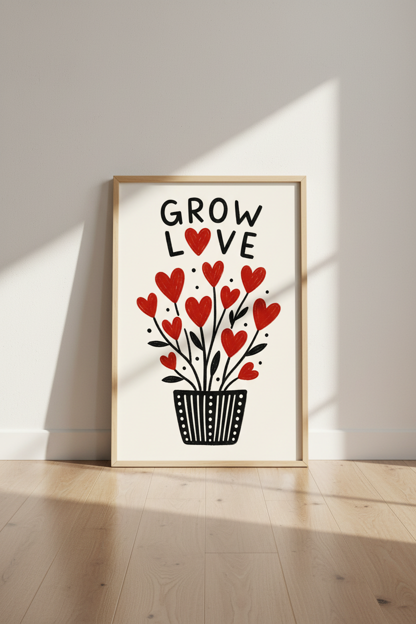 Whimsical Heart Wall Art Print | Living Room Decor | Red Accent Poster