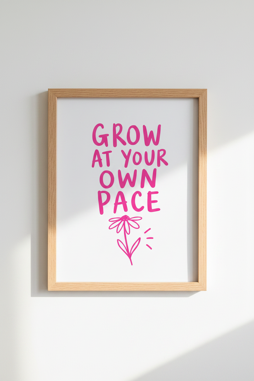 Pink Preppy Wall Art | Grow At Your Own Pace Quote Poster | Aesthetic Dorm Decor