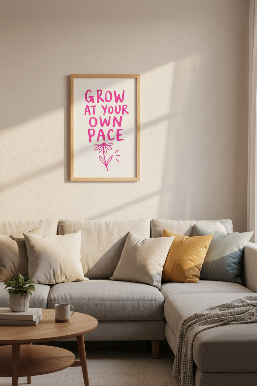 Pink Preppy Wall Art | Grow At Your Own Pace Quote Poster | Aesthetic Dorm Decor