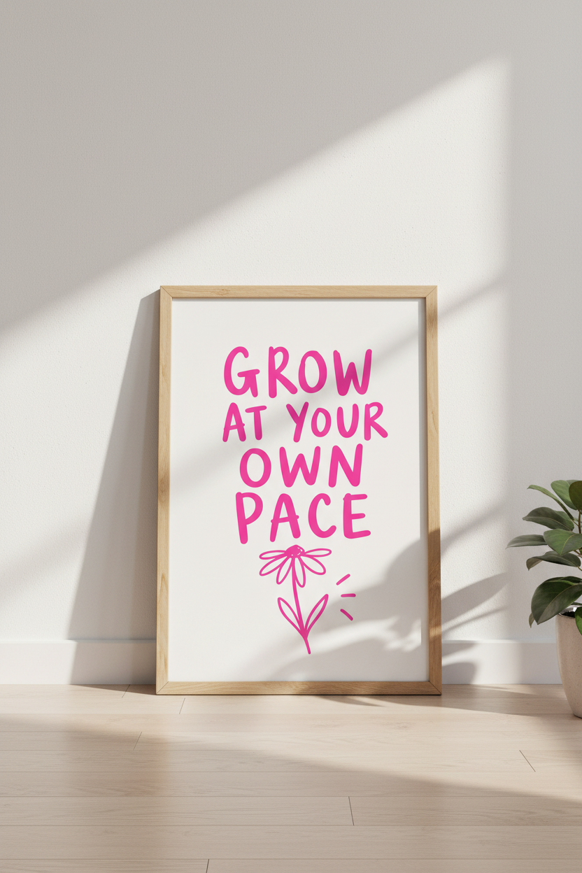 Pink Preppy Wall Art | Grow At Your Own Pace Quote Poster | Aesthetic Dorm Decor