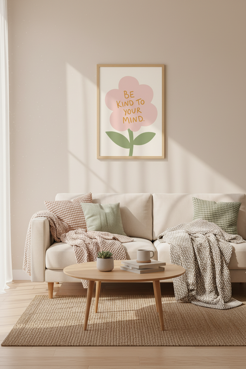 Be Kind To Your Mind Floral Wall Art | Pink Mental Health Poster | Retro Self Care Decor